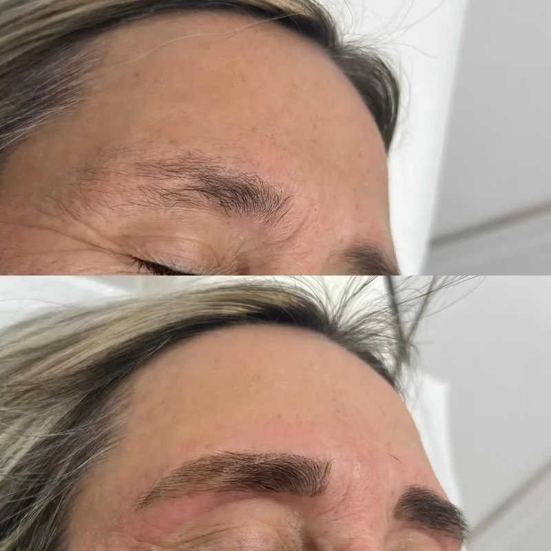Brow fill and lash lift before and after, blue eyes