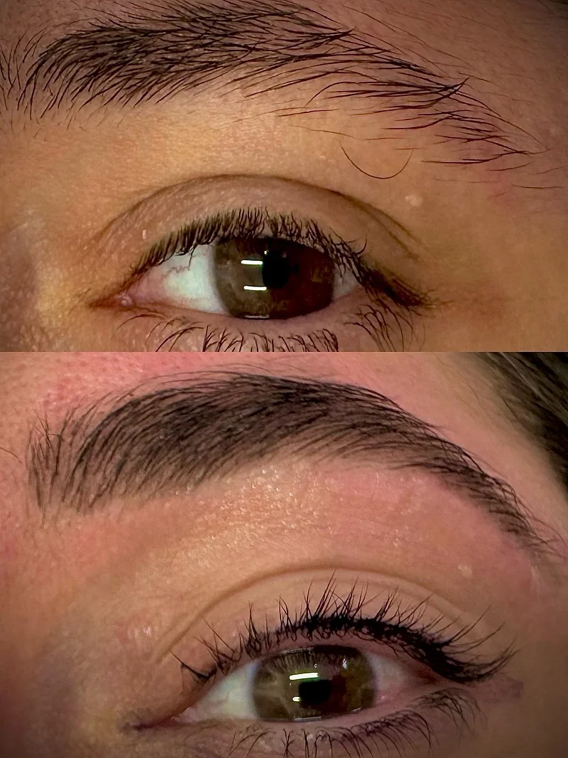 Brow and lash combo before and after, brown eyes