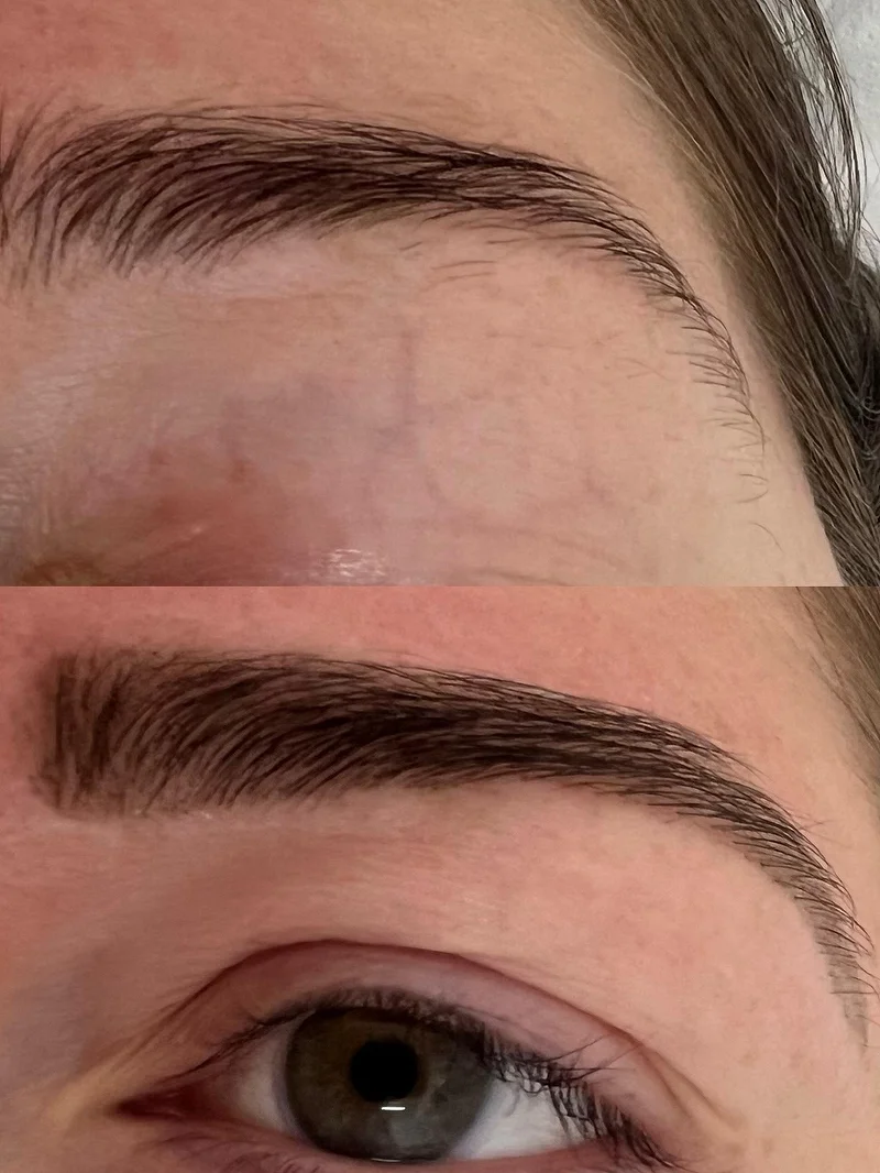 Brow wax and shape before and after, green eyes