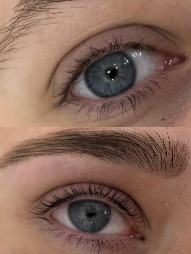 Lash and brow lift before and after, blue eyes young client