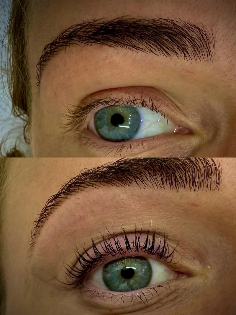 Lash and brow lift before and after, green-teal eyes