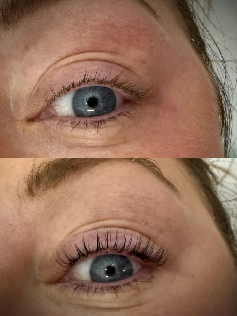 Lash lift before and after, blue-grey eyes mature client