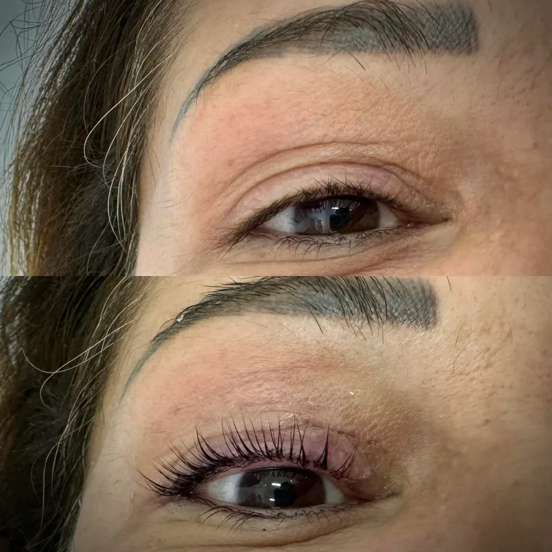 Lash lift before and after, brown eyes