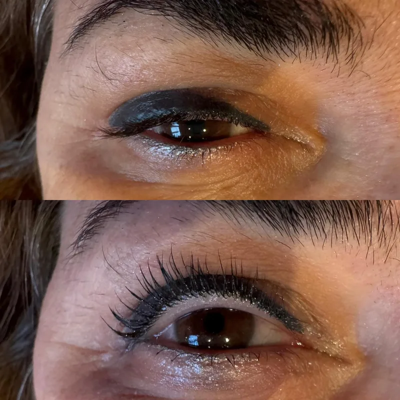 Lash lift before and after, dark eyes