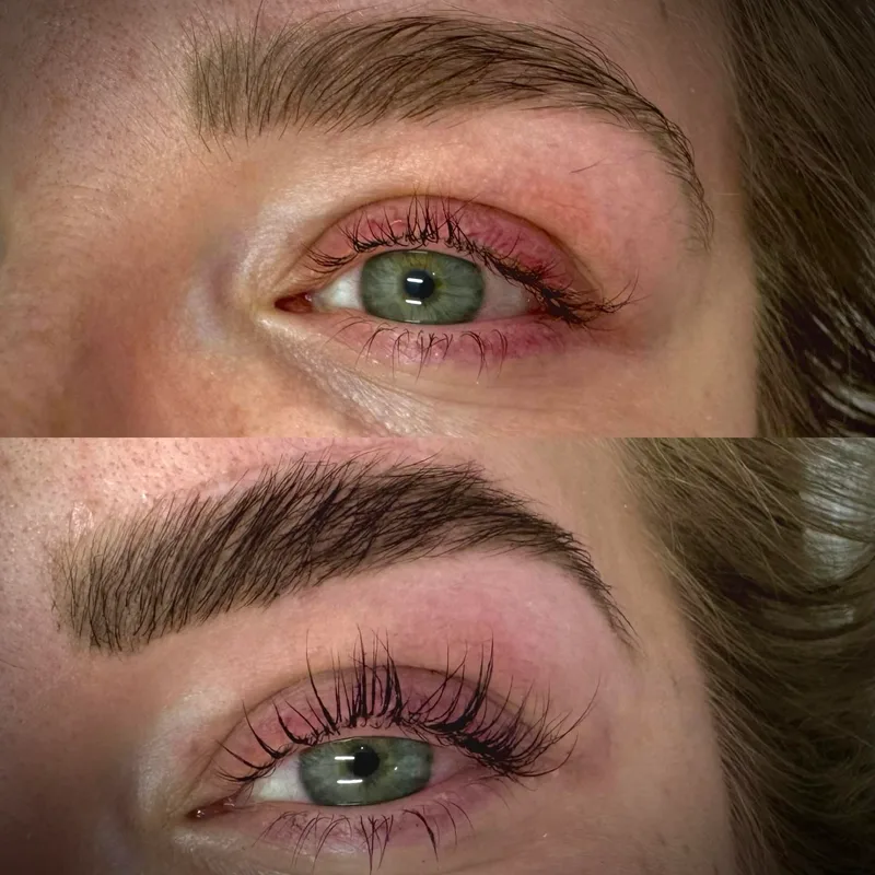 Lash lift before and after, green eyes