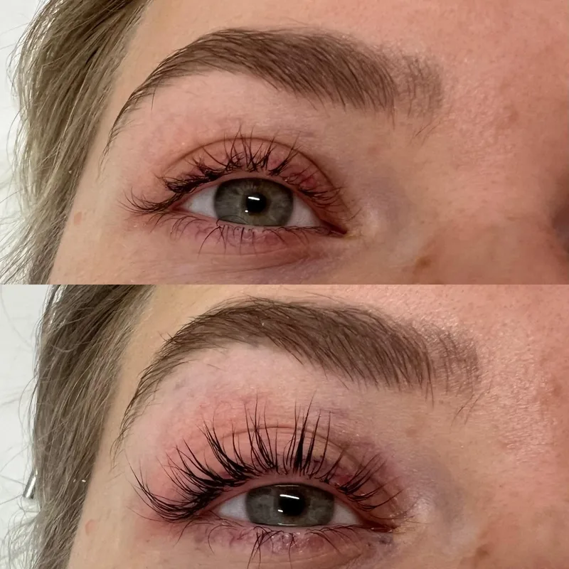 Lash lift before and after, grey-green eyes