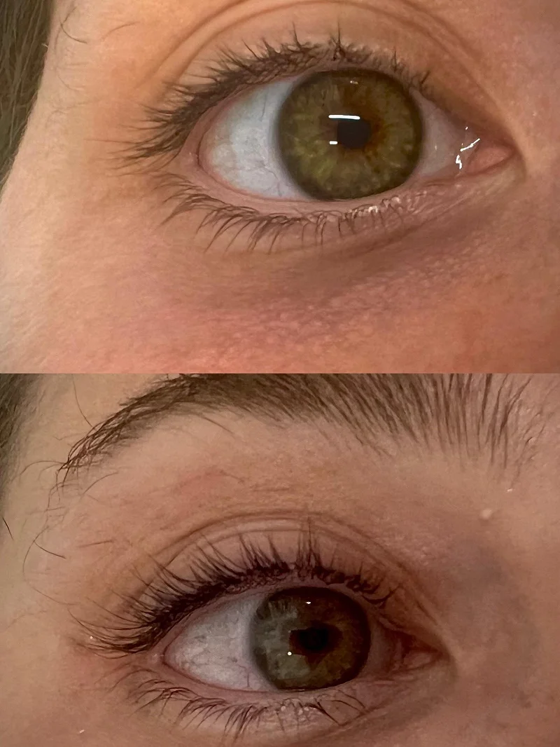 Lash lift before and after, hazel-green eyes